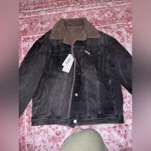 Black Denim Jacket with Brown Collar